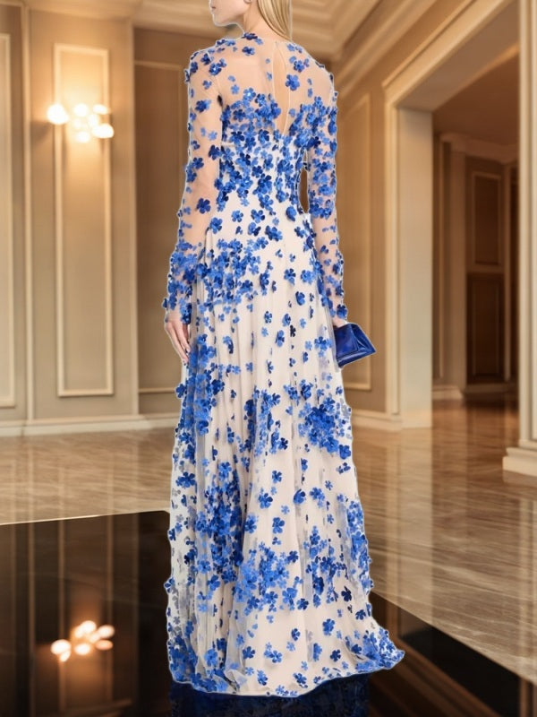 Cobalt Floral Appliqué Illusion Long Sleeve Gown model back view · nz-bg-v1
