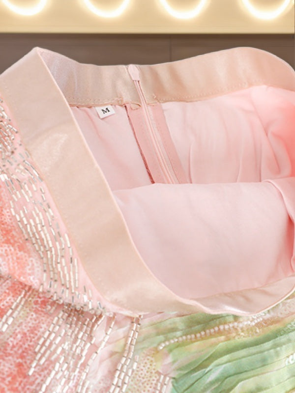 Sequin Brushstroke Maxi Skirt in Pastel Pink and Green detail view · nz-bg-v1