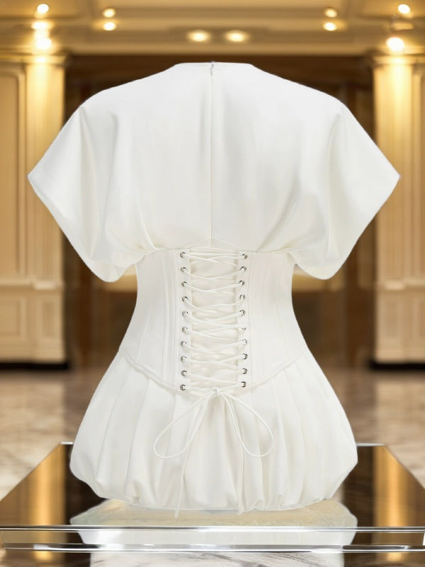 Corset Bubble Hem Mini Dress in Ivory hanging view · nz-bg-v1