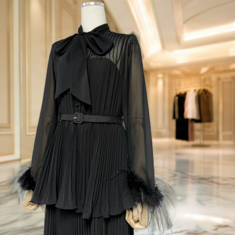 Feather Cuff Pussybow Blouse & Pleated Maxi Skirt Set mannequin view · nz-bg-v1
