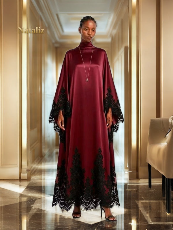 Lace-Trim Satin Maxi Kaftan Dress model front view
