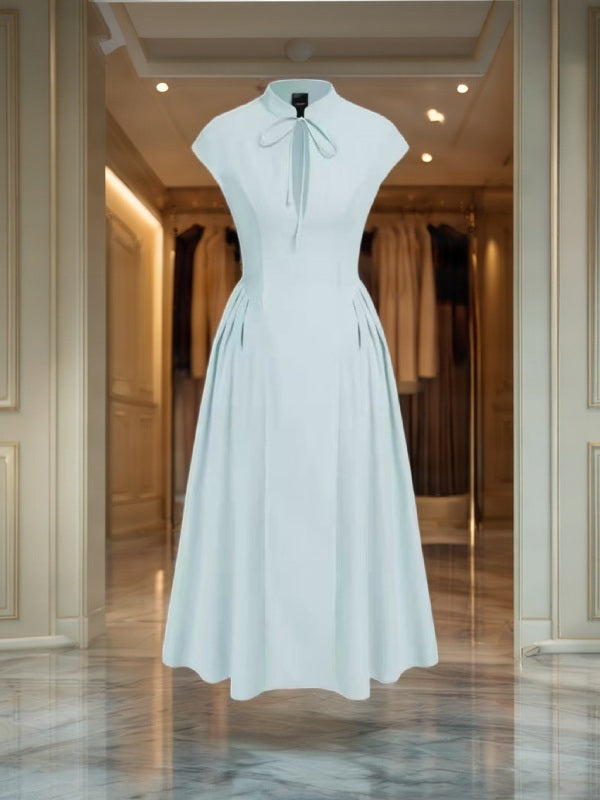 Bow Neck Cap Sleeve Midi Dress in Butter Yellow mannequin view · nz-bg-v1
