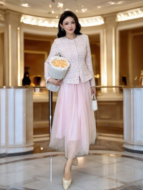 Pink Tweed Jacket and Tulle Midi Skirt Set model front view · nz-bg-v1