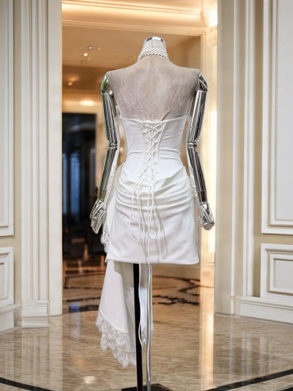 Strapless Draped Mini Dress with Lace-Trim Sash mannequin view · nz-bg-v1