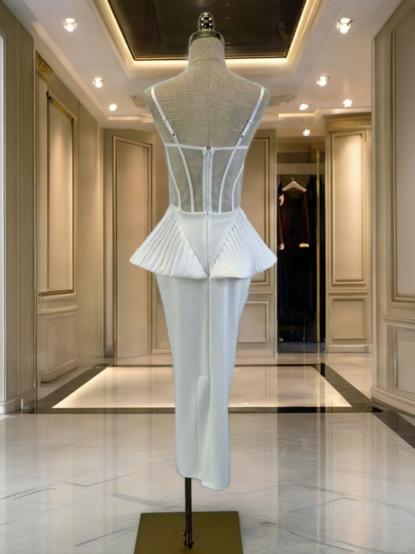 Pleated Corset Peplum Midi Dress with Sheer Panel mannequin view · nz-bg-v1