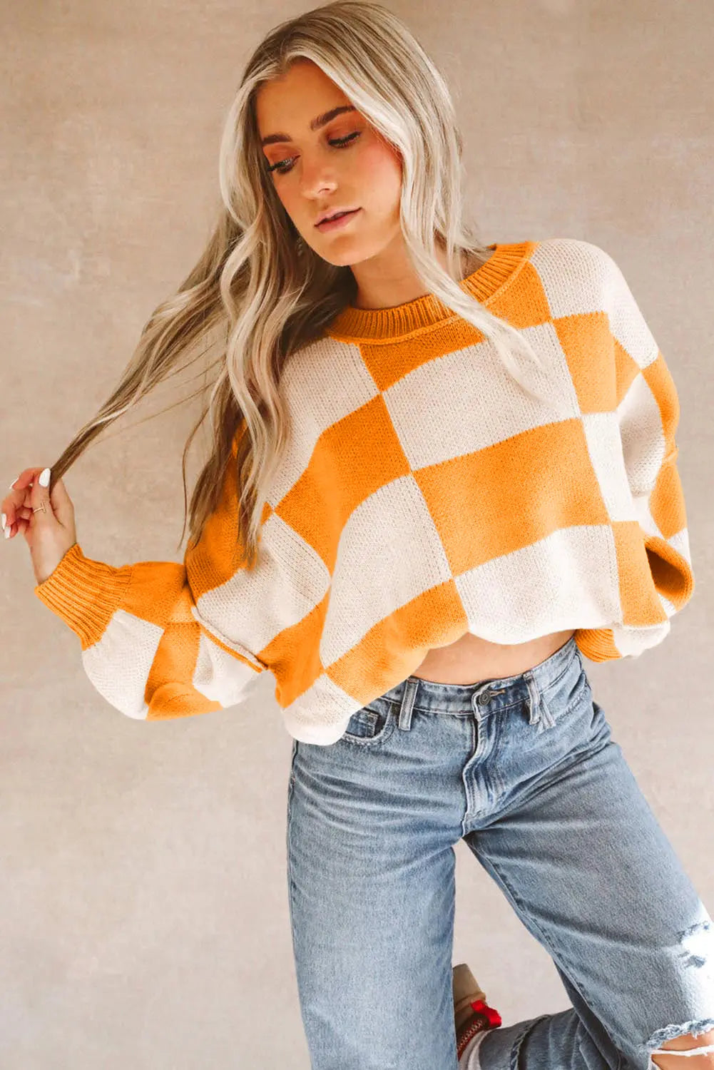 Black Checkered Bishop Sleeve Sweater