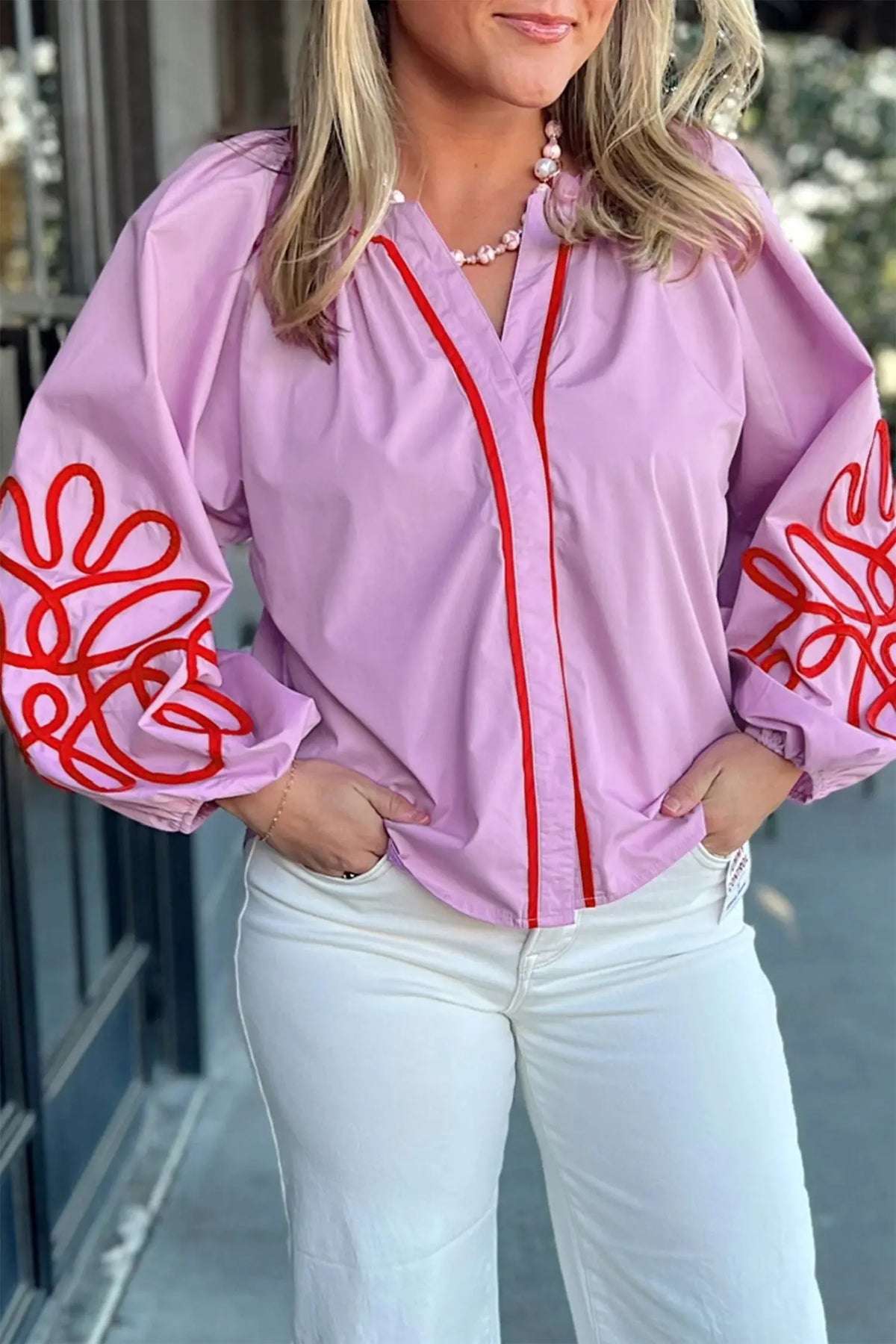 100% Cotton Orchid Bouquet Contrast Detail Long Sleeve Decorative Neckline Cotton Blouse