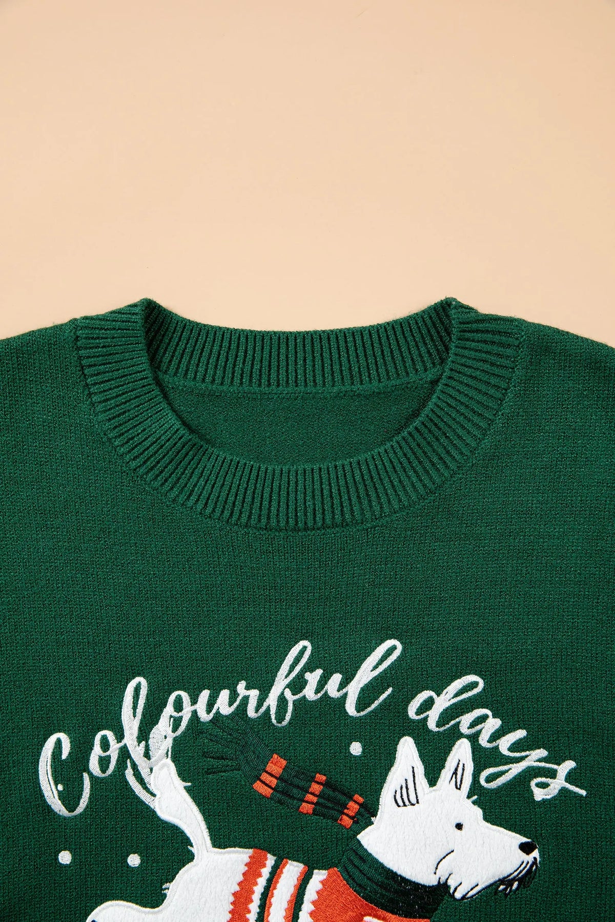 Blackish green abstract dog embroidery Christmas round neck sweater embroidery detail view · nz-alt-v1