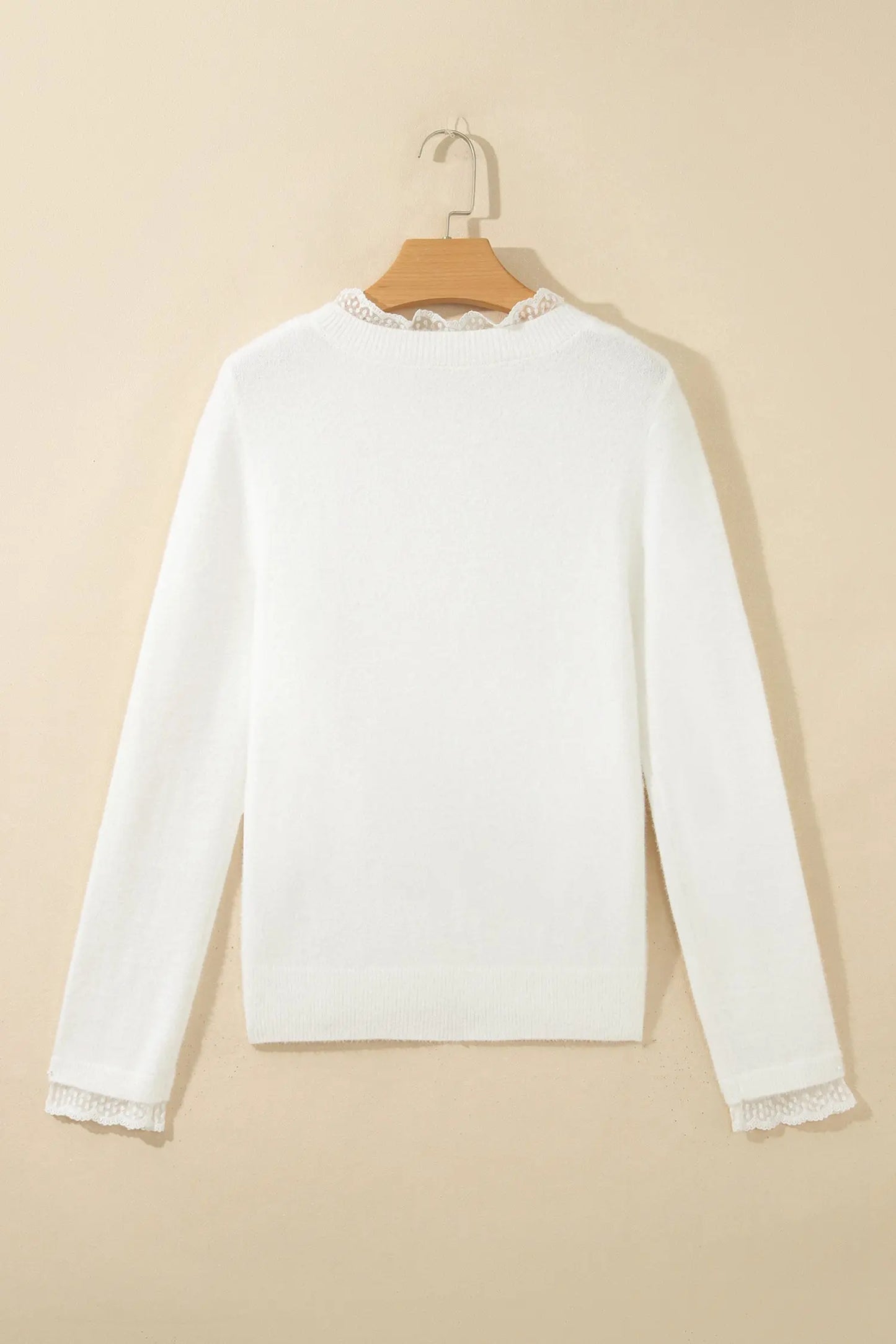 White Lace Trim Neck Cuff Patchwork Long Sleeve Pullover Sweater