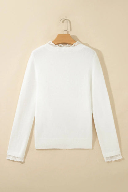 White Lace Trim Neck Cuff Patchwork Long Sleeve Pullover Sweater