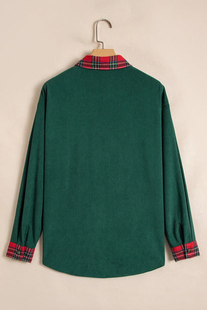 Blackish Green Plaid Pocket Button Long Sleeve Shift Shacket