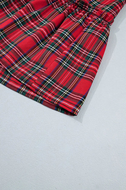Red Plaid Knot Neck Short Sleeve Mini Shift Dress