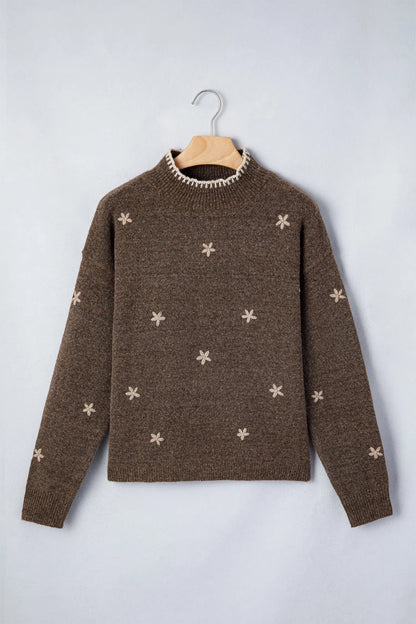 Chicory Coffee Floral Print High Neck Long Sleeve Sweater
