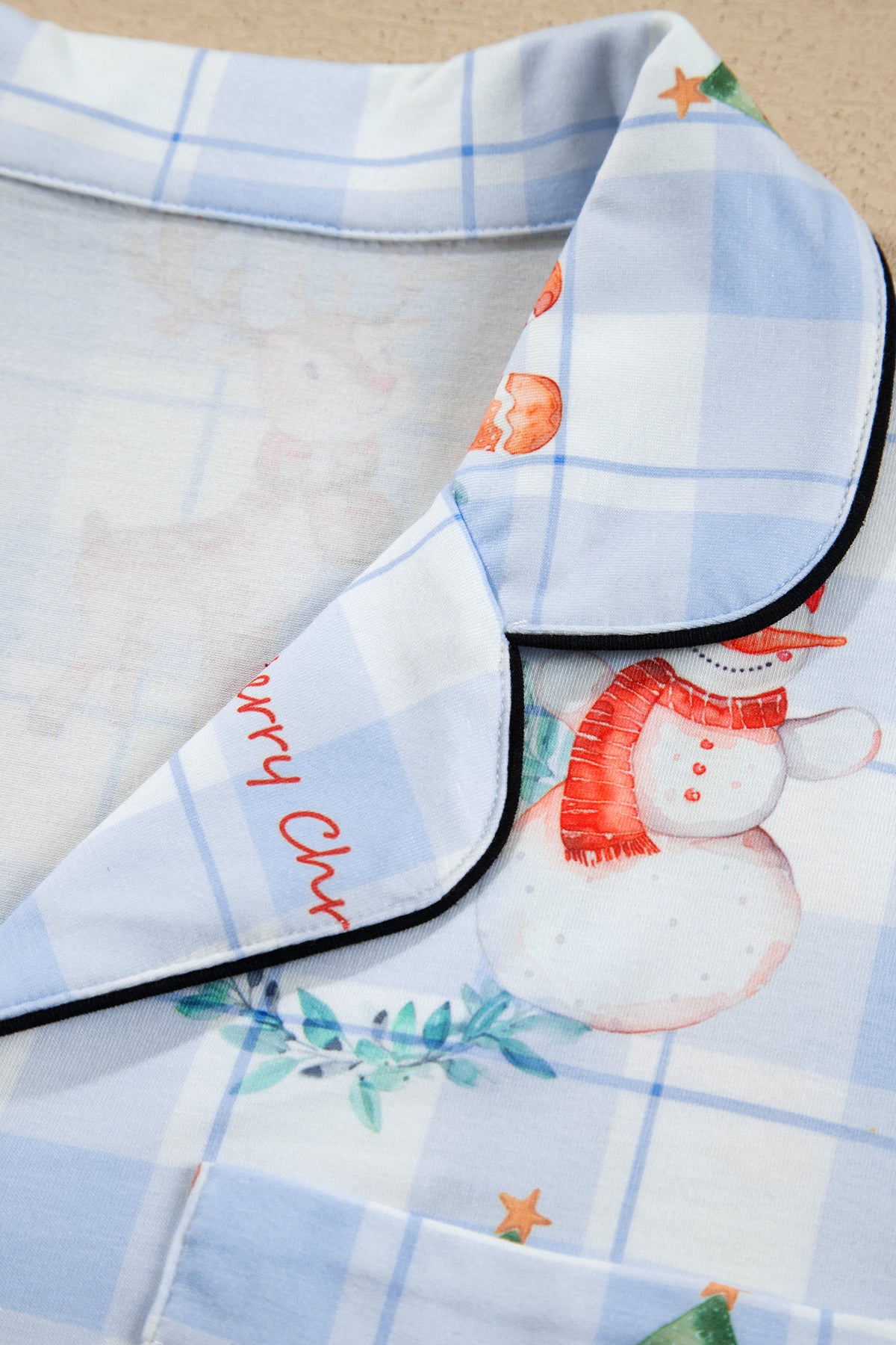 Sky Blue Plaid Cartoon Christmas Pattern Shirt Top 2pcs Pajama Set