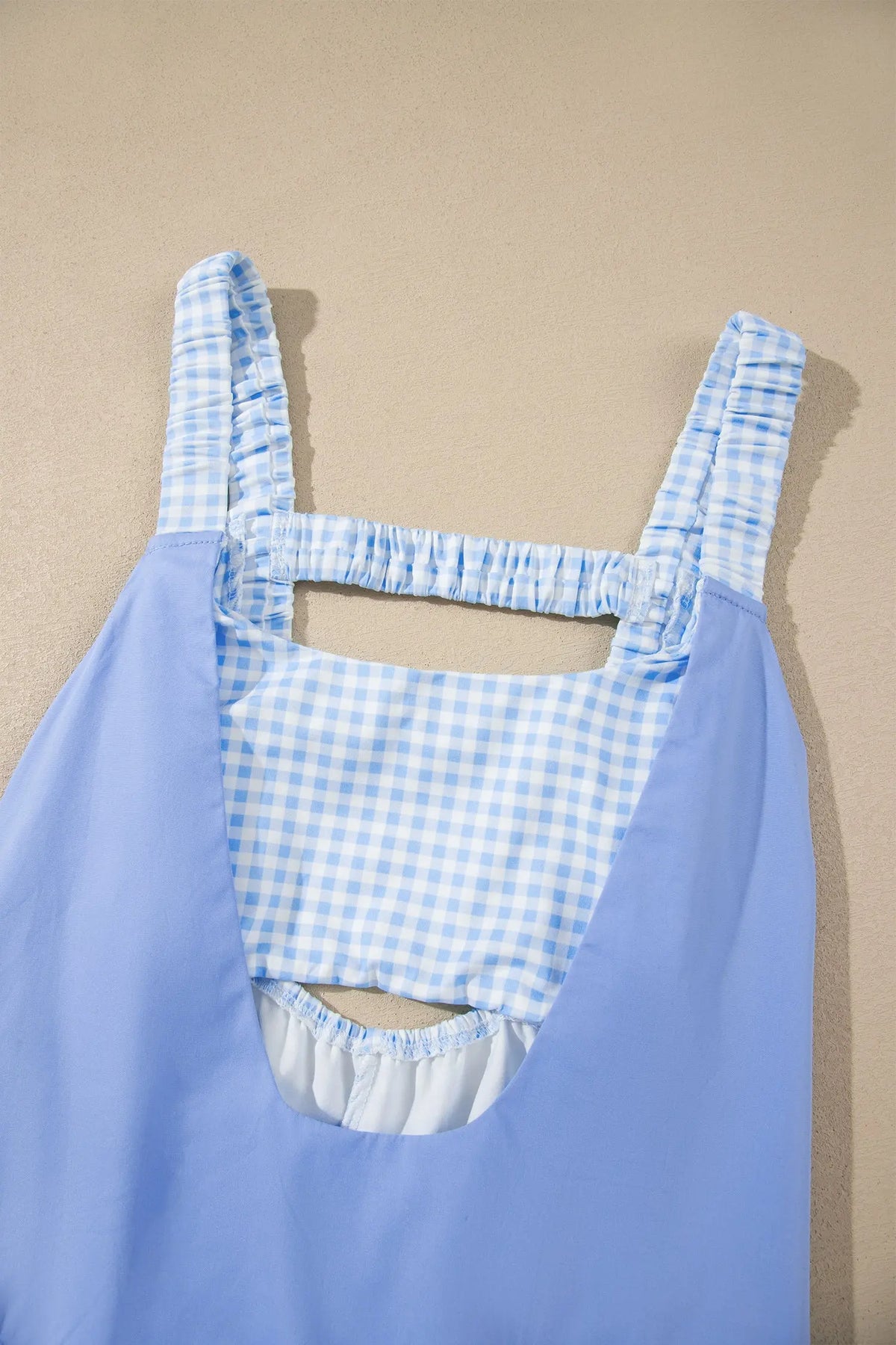 Beau Blue Faux Two Piece Gingham Contrast Patchwork Loose Mini Dress gingham bodice detail view · nz-alt-v1