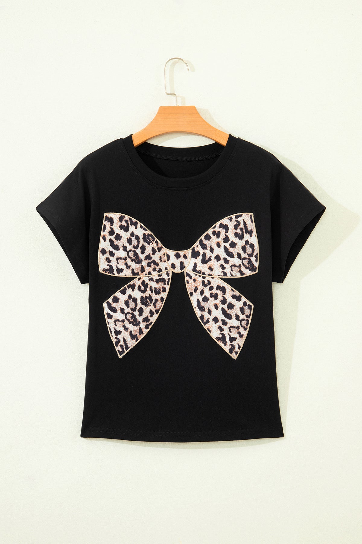 Leopard Bow Embroidered Cotton Round Neck T Shirt