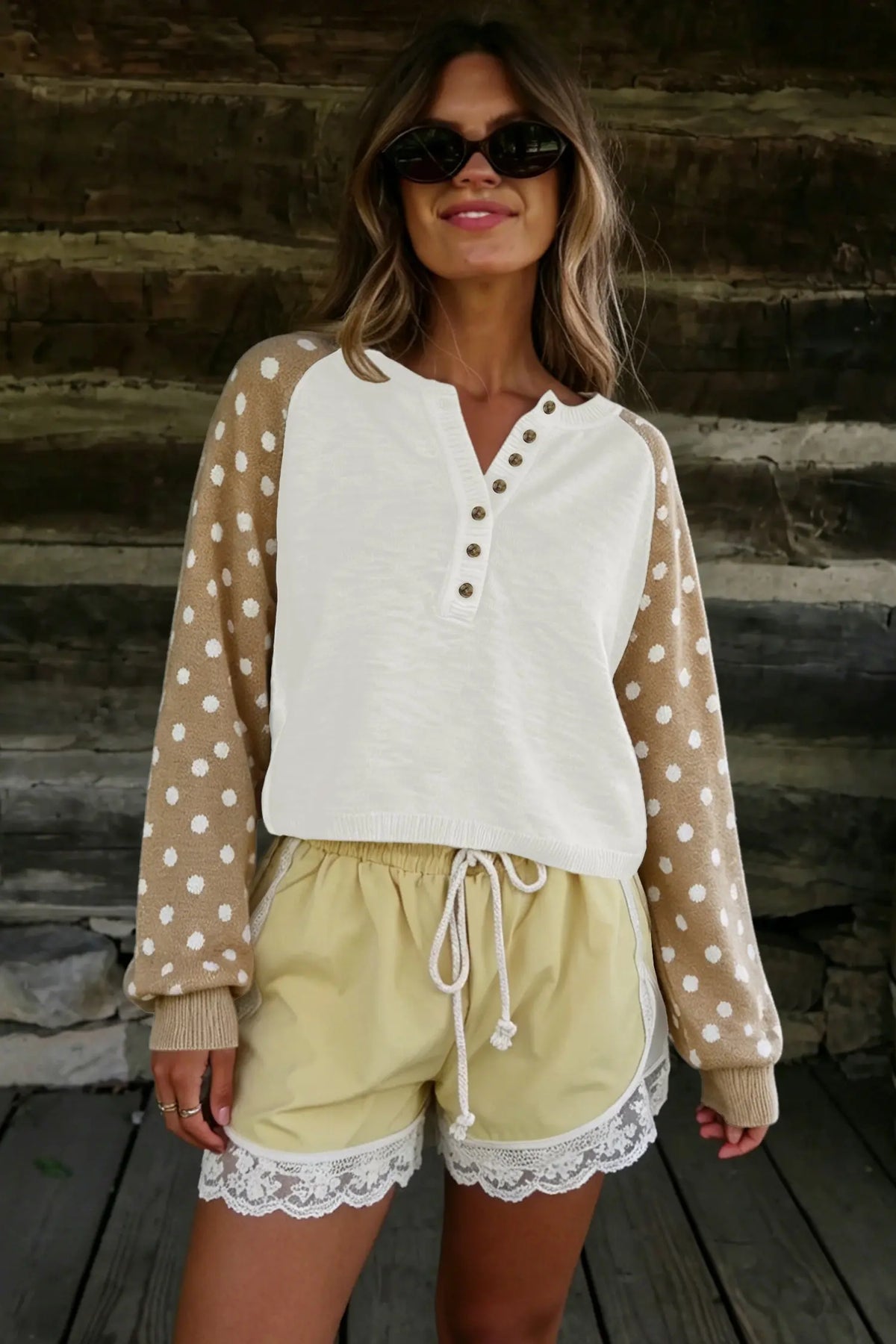 Khaki Polka Dot Contrast Long Sleeve Button V Neck Sweater model front view · nz-alt-v1