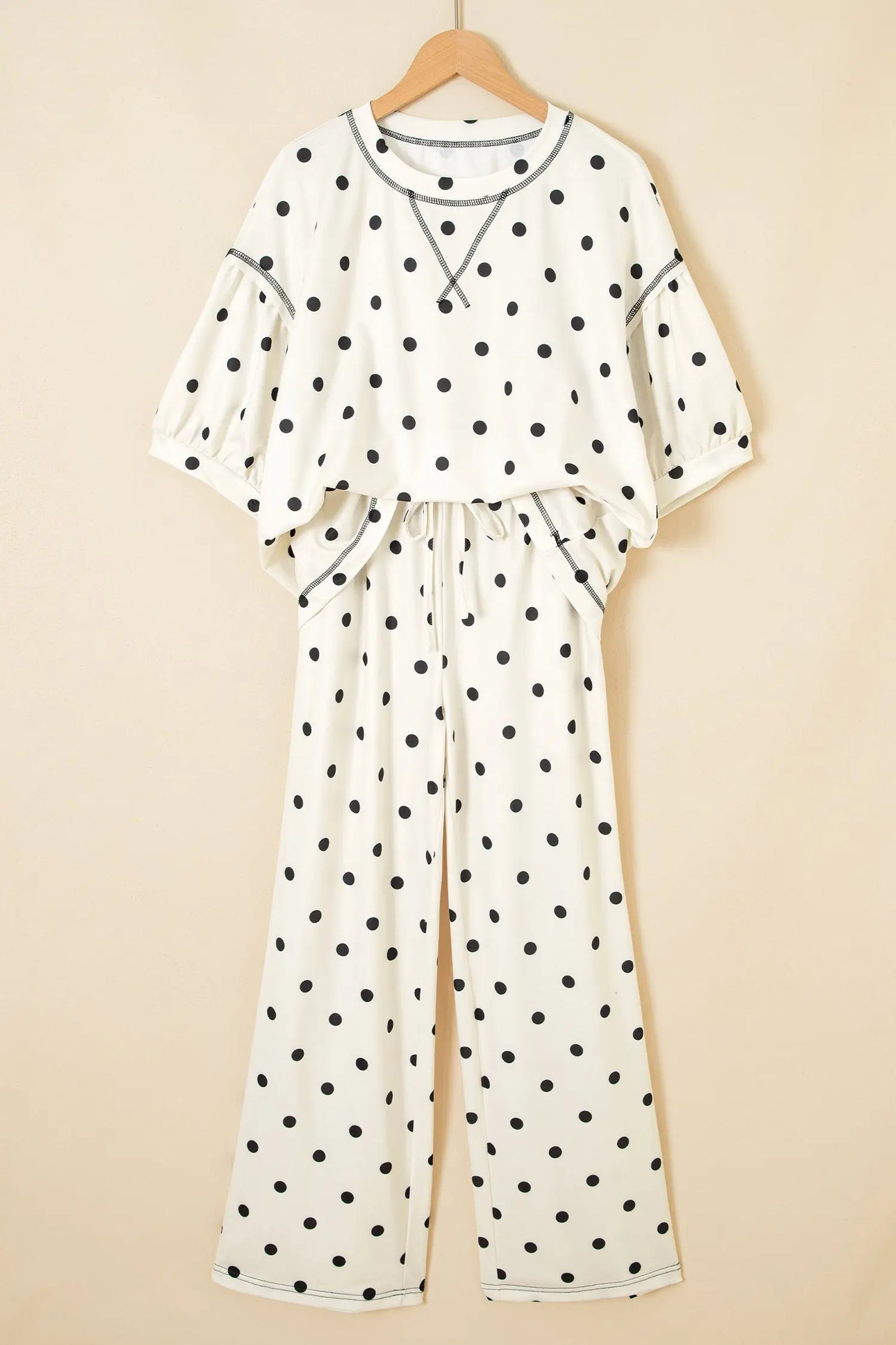 Black Polka Dot Half Sleeve Loose Top Elastic Waist Casual Pants Set