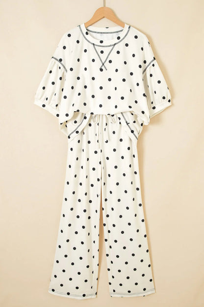 Black Polka Dot Half Sleeve Loose Top Elastic Waist Casual Pants Set