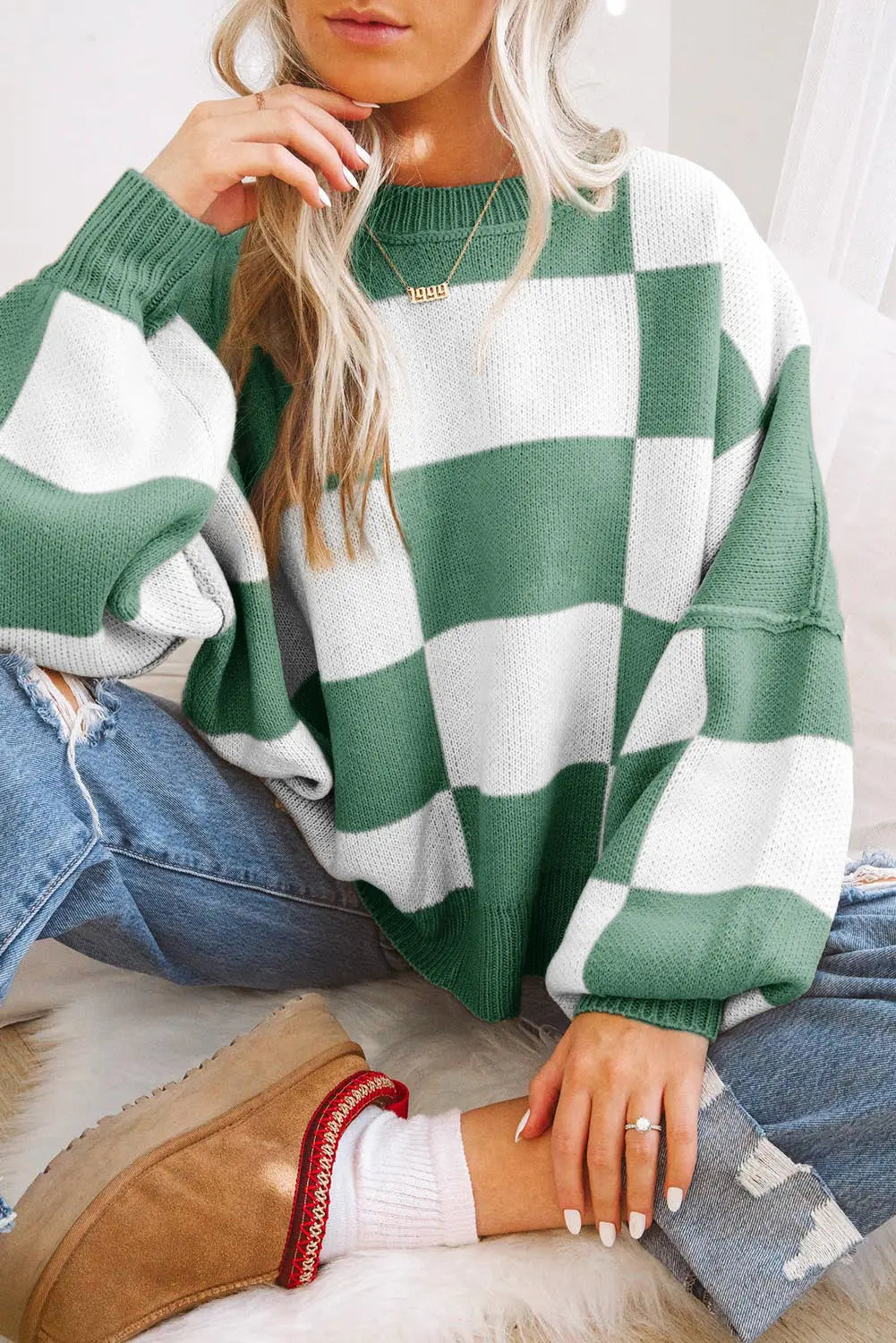Black Checkered Bishop Sleeve Sweater