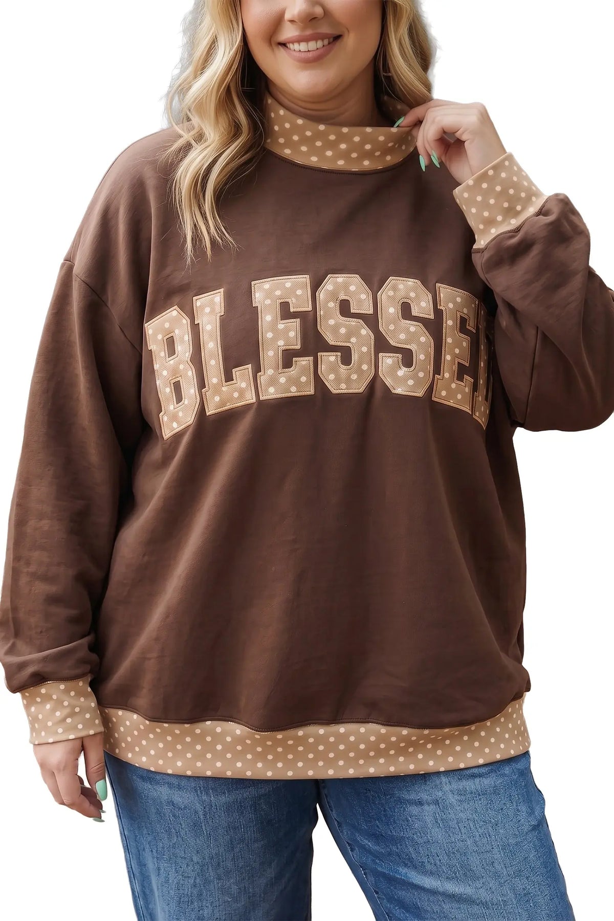 Brown BLESSED graphic plus size sweatshirt with printed trim, model front view · nz-alt-v1