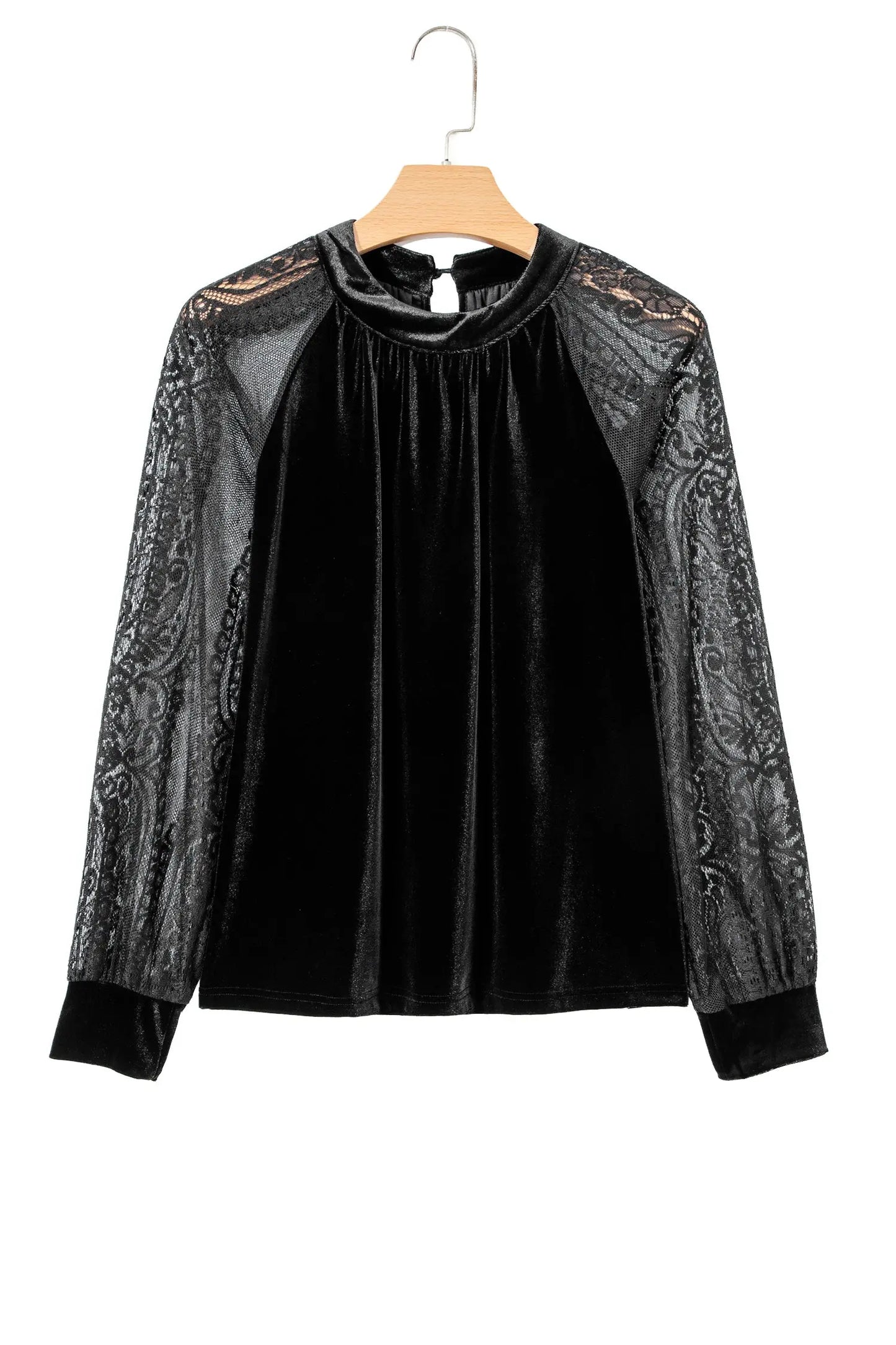 Color Black Solid Color Sheer Lace Long Sleeve Patchwork Stand Neck Velvet Blouse
