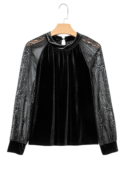 Color Black Solid Color Sheer Lace Long Sleeve Patchwork Stand Neck Velvet Blouse