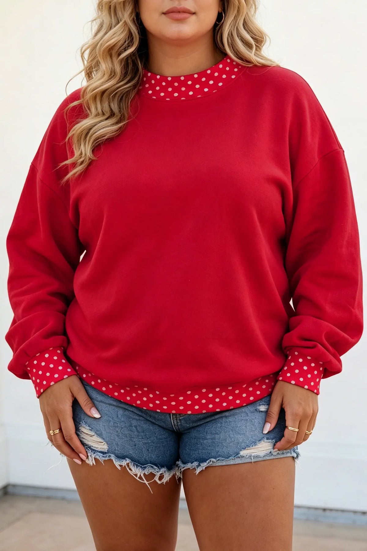 Tillandsia Purple Polka Dot Patchwork Round Neck Plus Size Sweatshirt