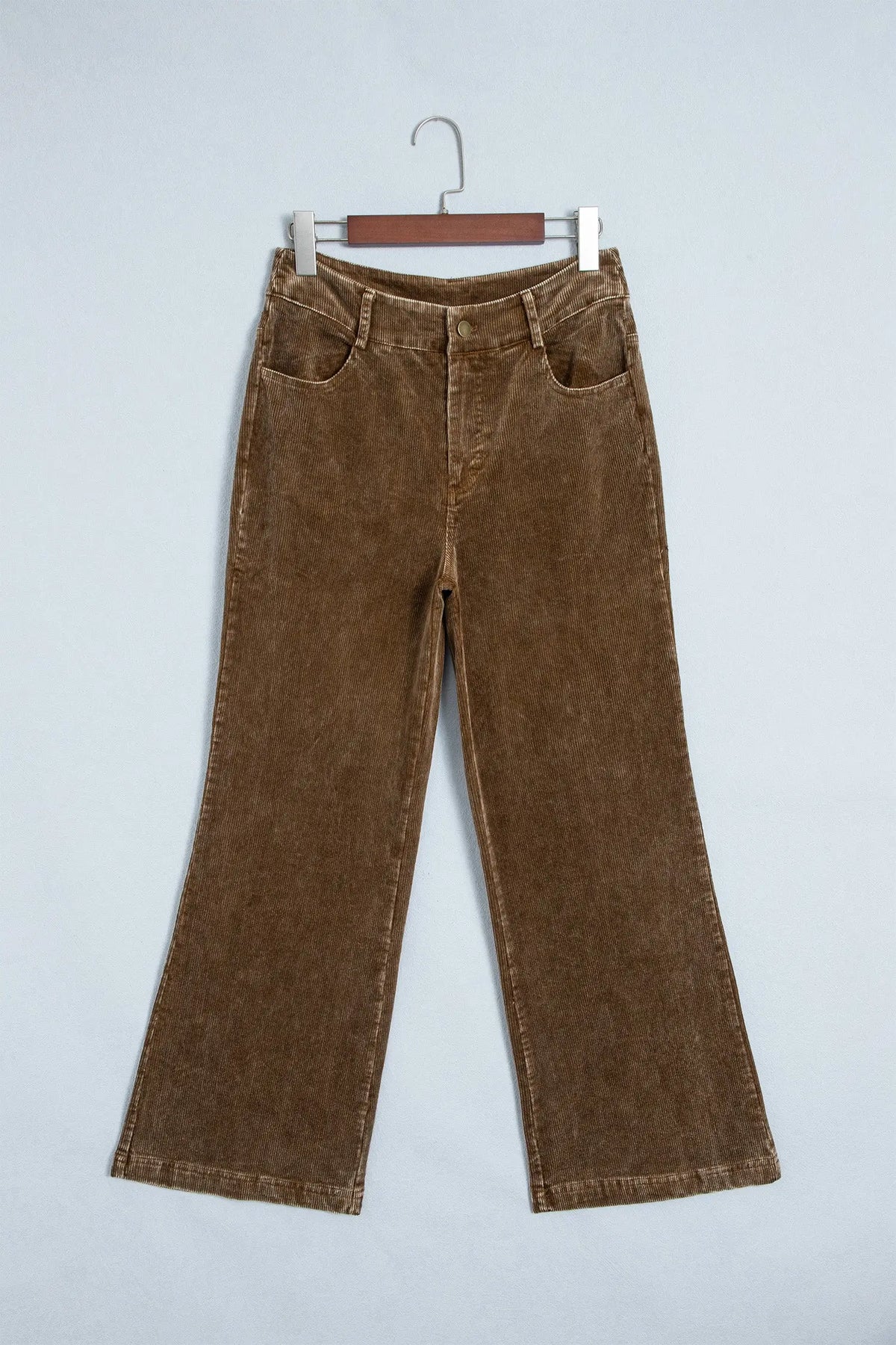 Camel Straight Leg Corduroy Metal Button Zip-up Pants