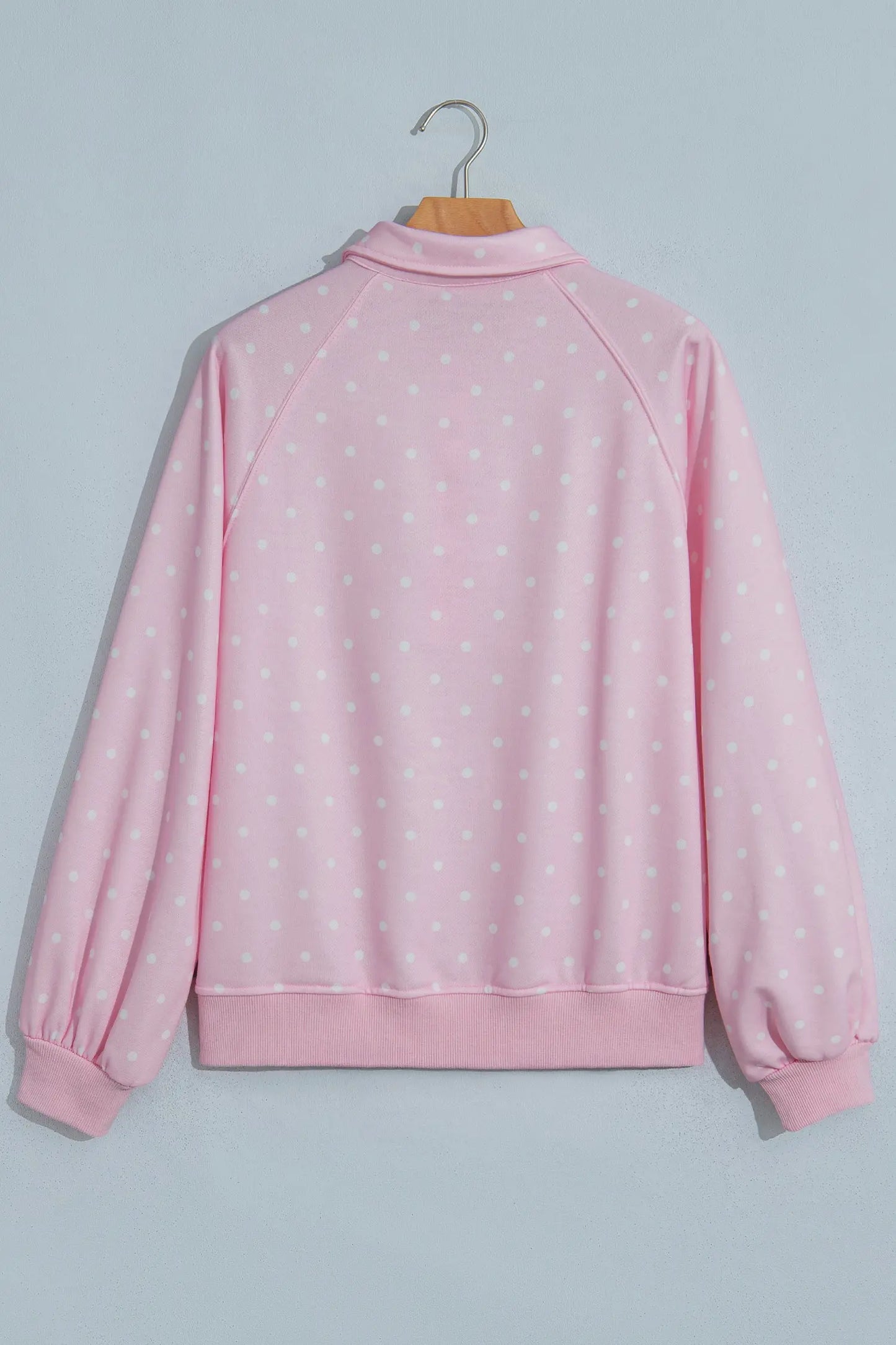 Pink Polka Dot Print Metal Button Collar Casual Pullover Sweatshirt