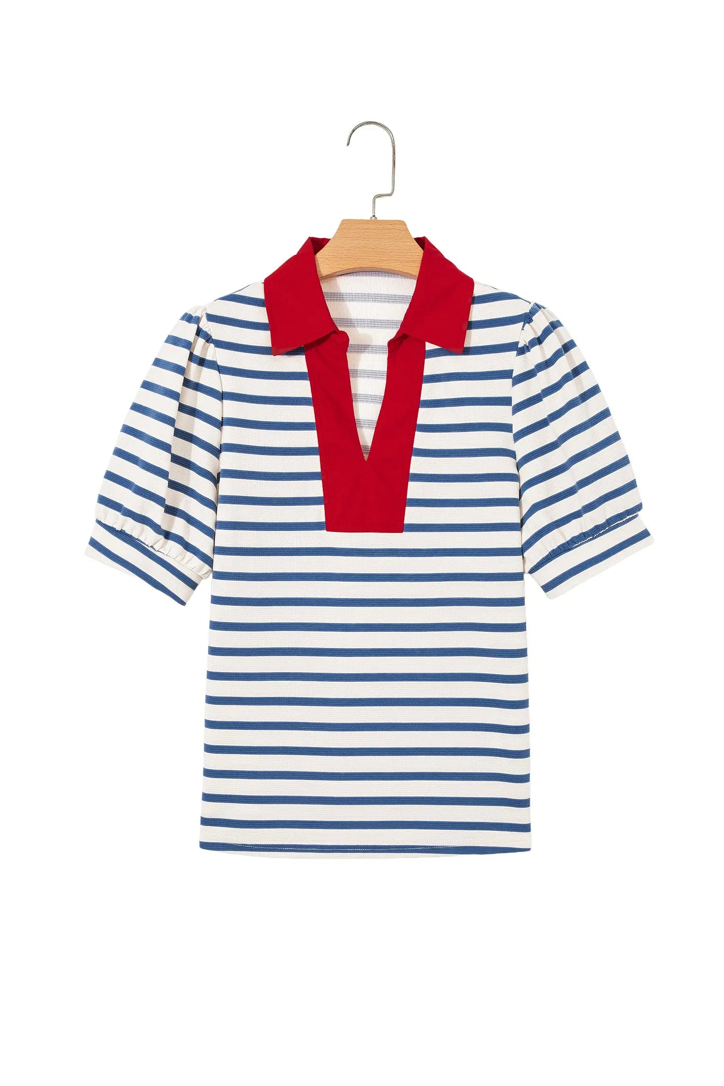 Blue Stripe Short Puff Sleeve Color Block Polo Collar Blouse Nataliz