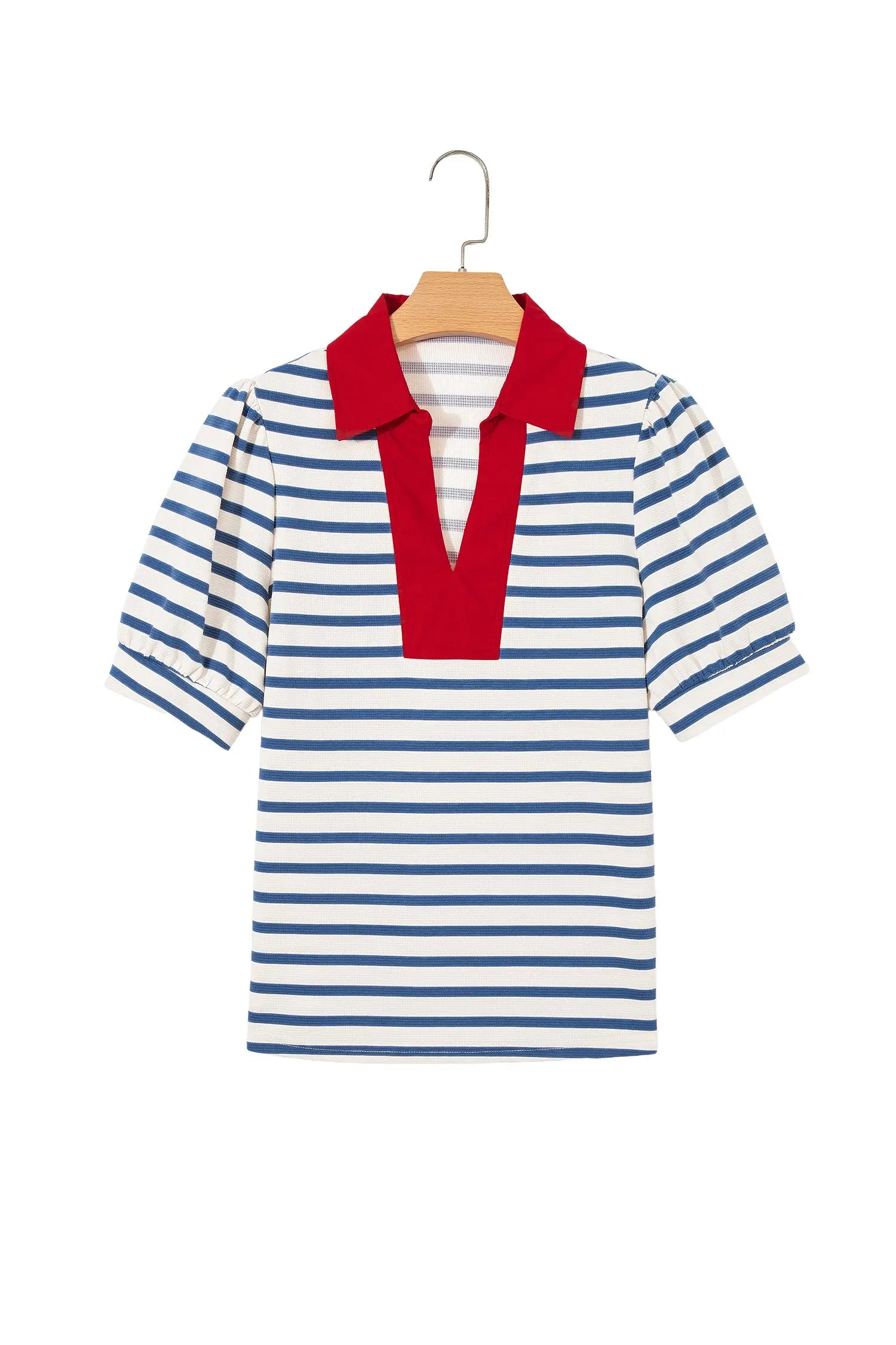 Blue Stripe Short Puff Sleeve Color Block Polo Collar Blouse Nataliz