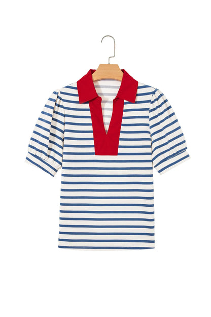 Blue Stripe Short Puff Sleeve Color Block Polo Collar Blouse Nataliz