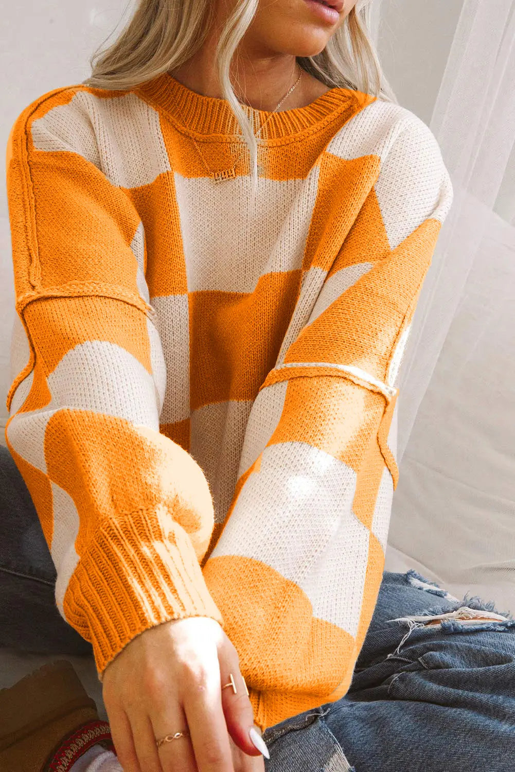 Black Checkered Bishop Sleeve Sweater