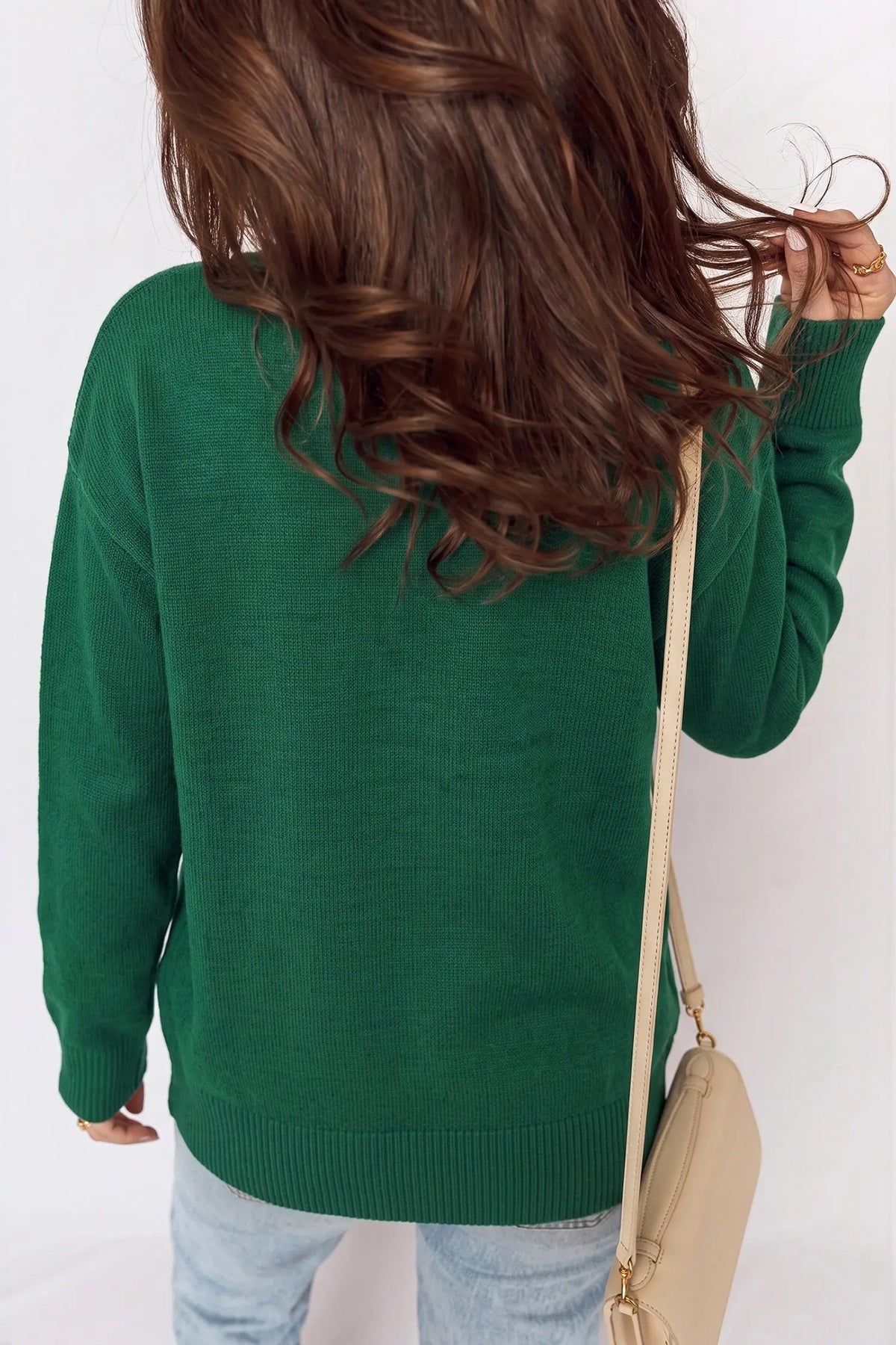 Blackish green abstract dog embroidery Christmas round neck sweater model back view · nz-alt-v1
