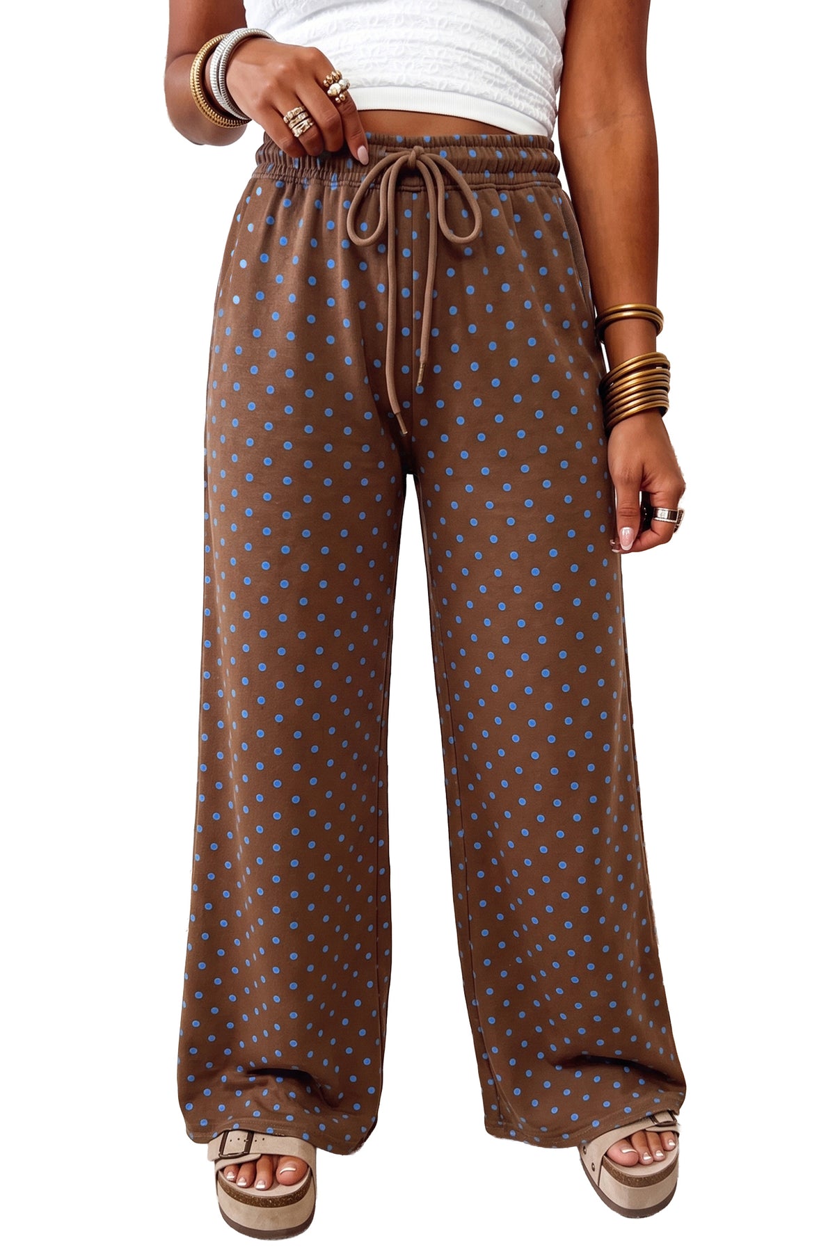 Brown casual polka dot wide leg drawstring pants model front view, white background · nz-alt-v1