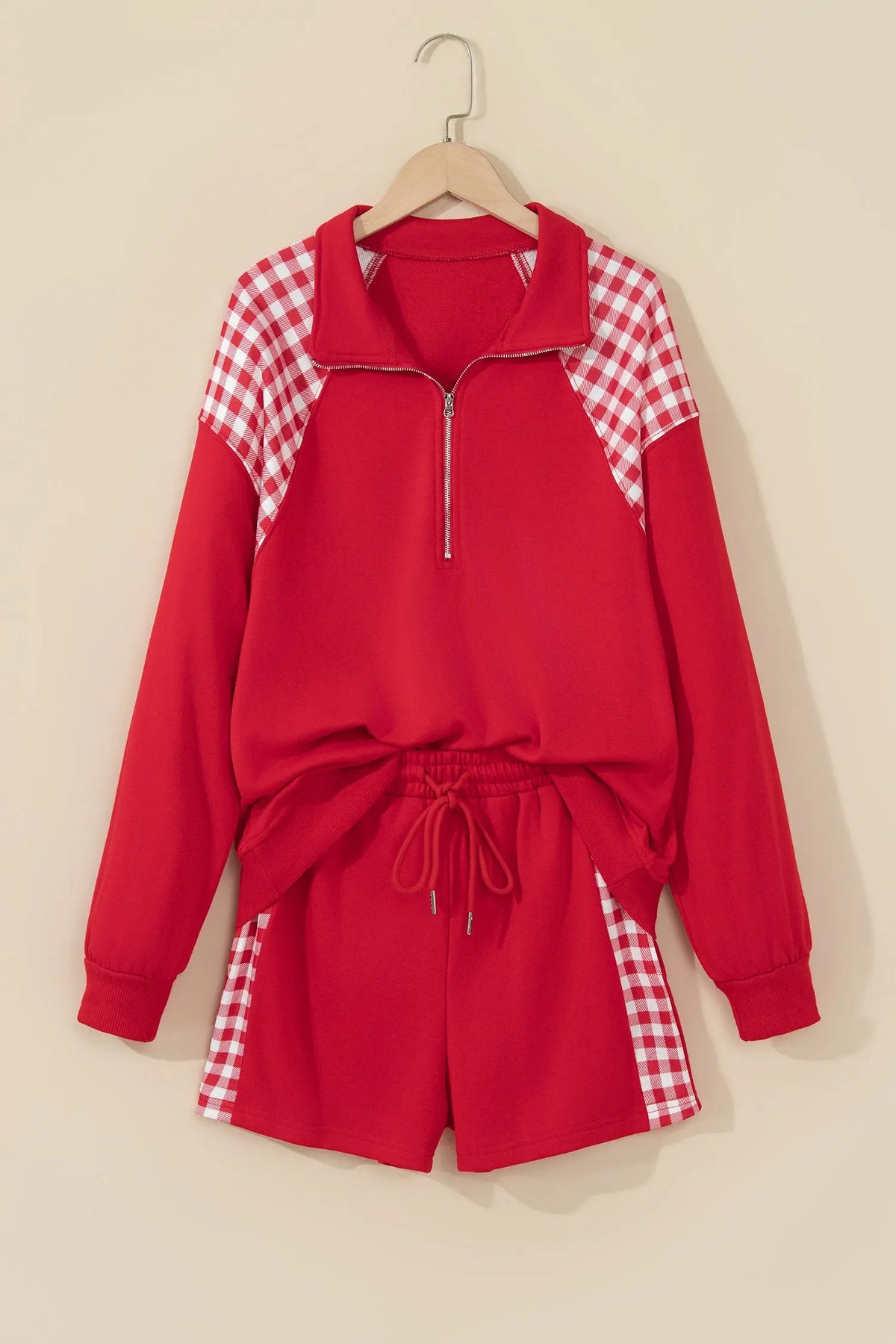 Bright Green Plaid Patchwork Half Zip Pullover Drawstring Short Set