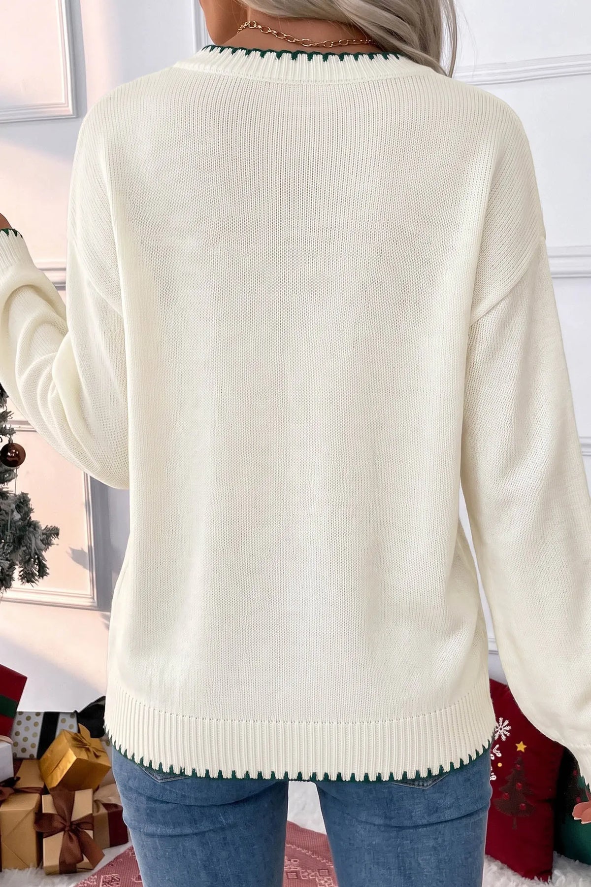Racing Red Stitched Detail Christmas Tree Holiday Casual Sweater