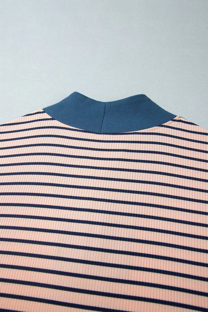 Pink Stripe Striped Colorblock V Neck Long Sleeve Plus Size Set