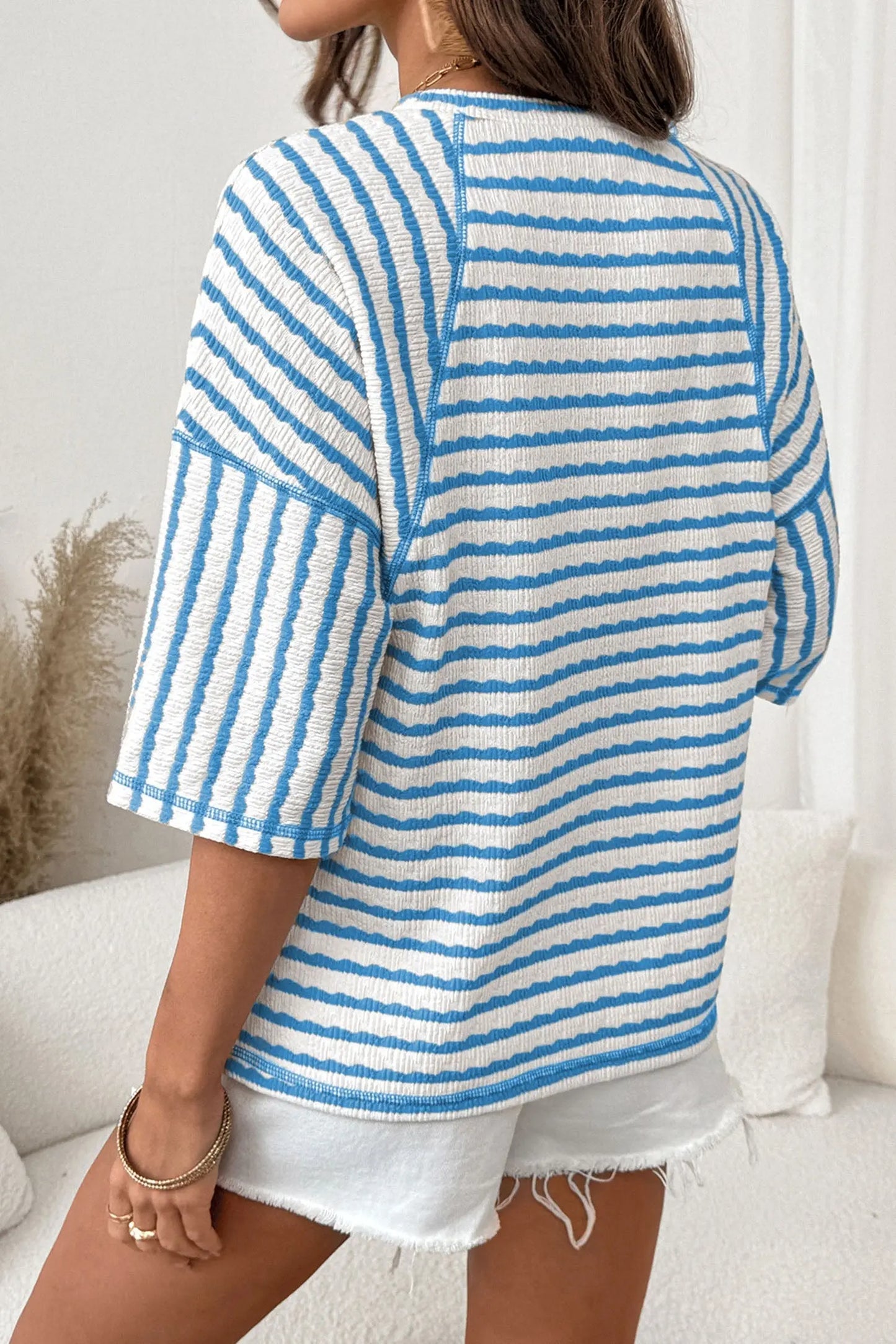 Brown Stripe Textured Knit Split Hem Half Sleeve Loose Top Nataliz