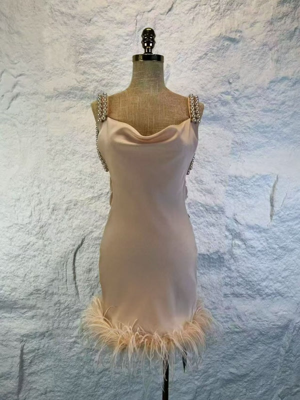 Pearl Strap Feather Trim Satin Mini Slip Dress mannequin view · nz-alt-v1