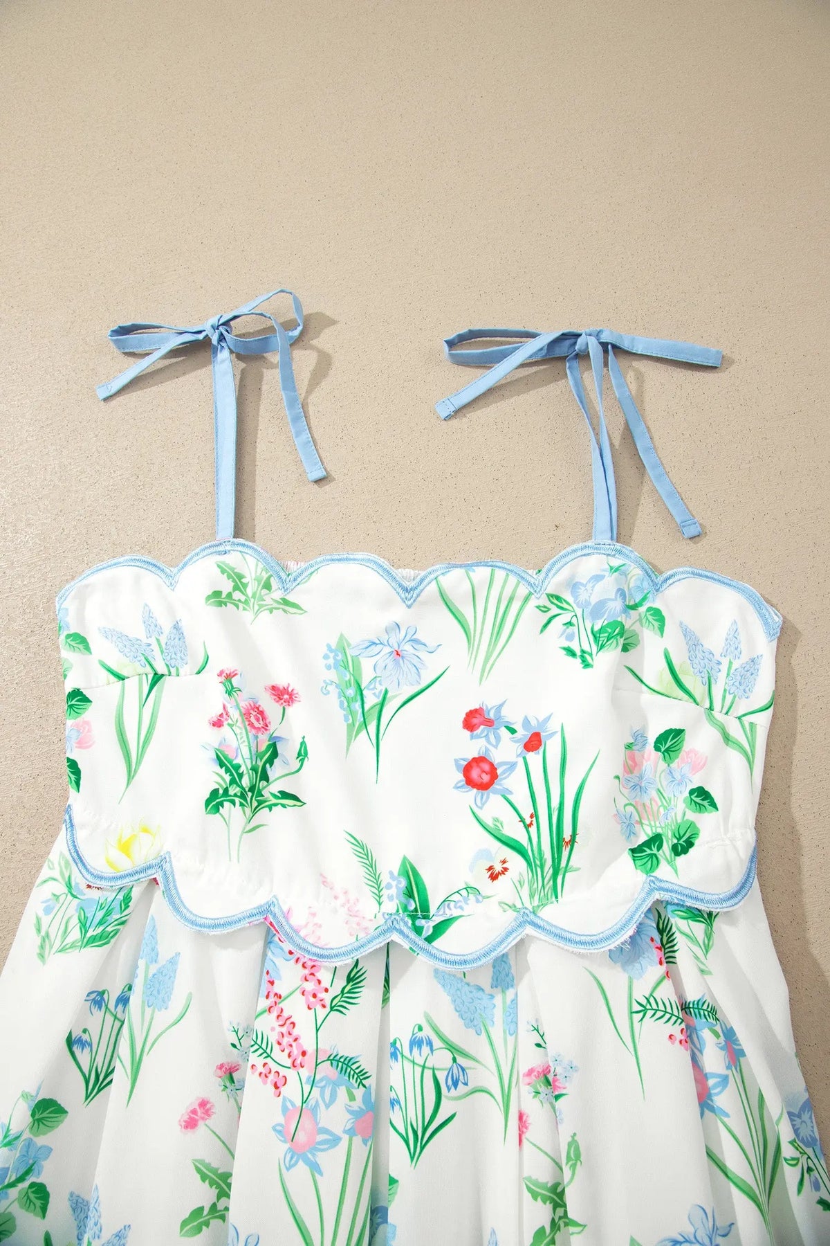 Yellow Floral Print Contrast Trim Self-tie Straps High Waist Midi Dress