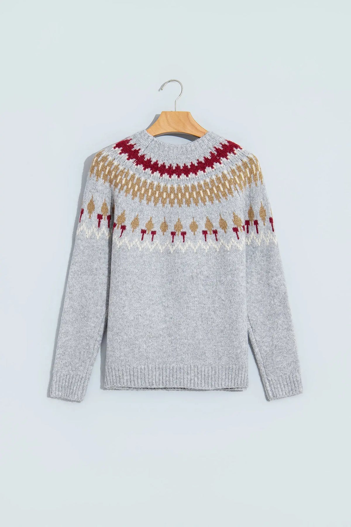 Gray Geometric Detail Round Neck Winter Sweater hanging view · nz-alt-v1