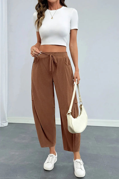 Coffee Corduroy Elastic Waist Drawstring Cargo Pants