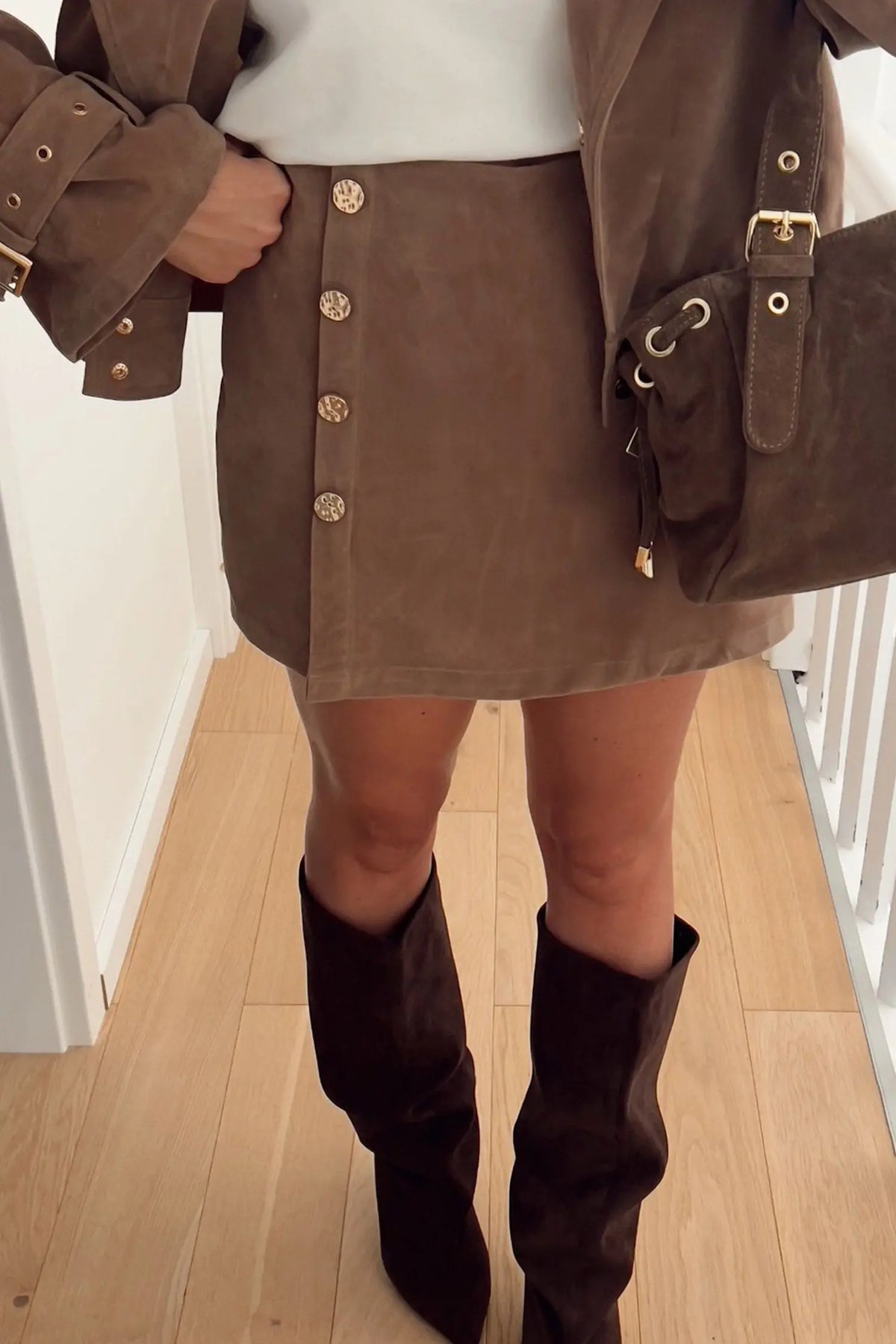 Dark Khaki Gold Button Asymmetric Wrapped Detail Mini Skirt model front view · nz-alt-v1