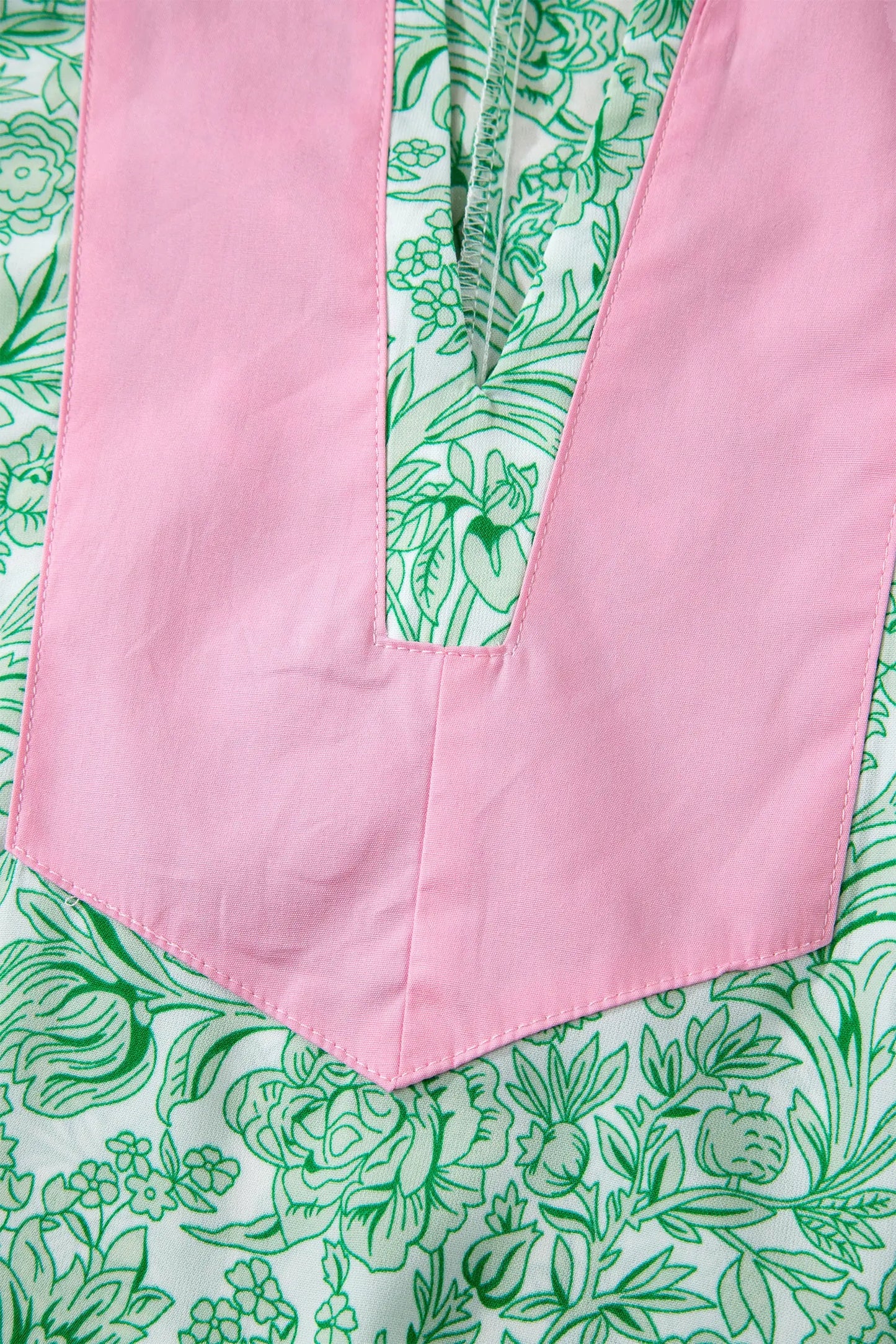 Pink Floral Print Color Block Patchwork V Neck Short Sleeve Midi Dress Nataliz