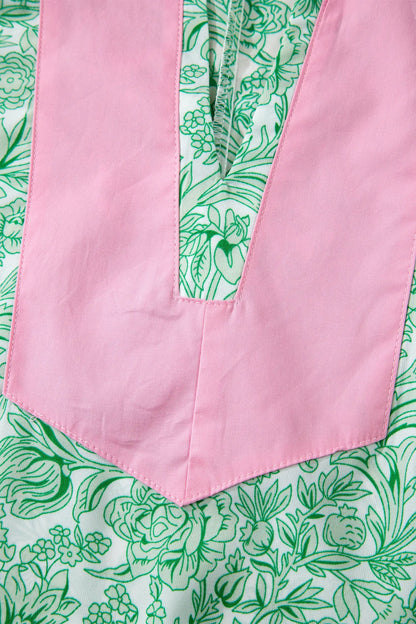 Pink Floral Print Color Block Patchwork V Neck Short Sleeve Midi Dress Nataliz