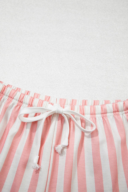 Gossamer Pink Striped Color Block Pullover Top Drawstring Shorts Set