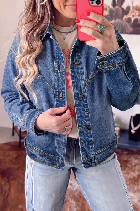 Sail Blue Vintage Wash Western Shift Denim Jacket model front view · nz-alt-v1