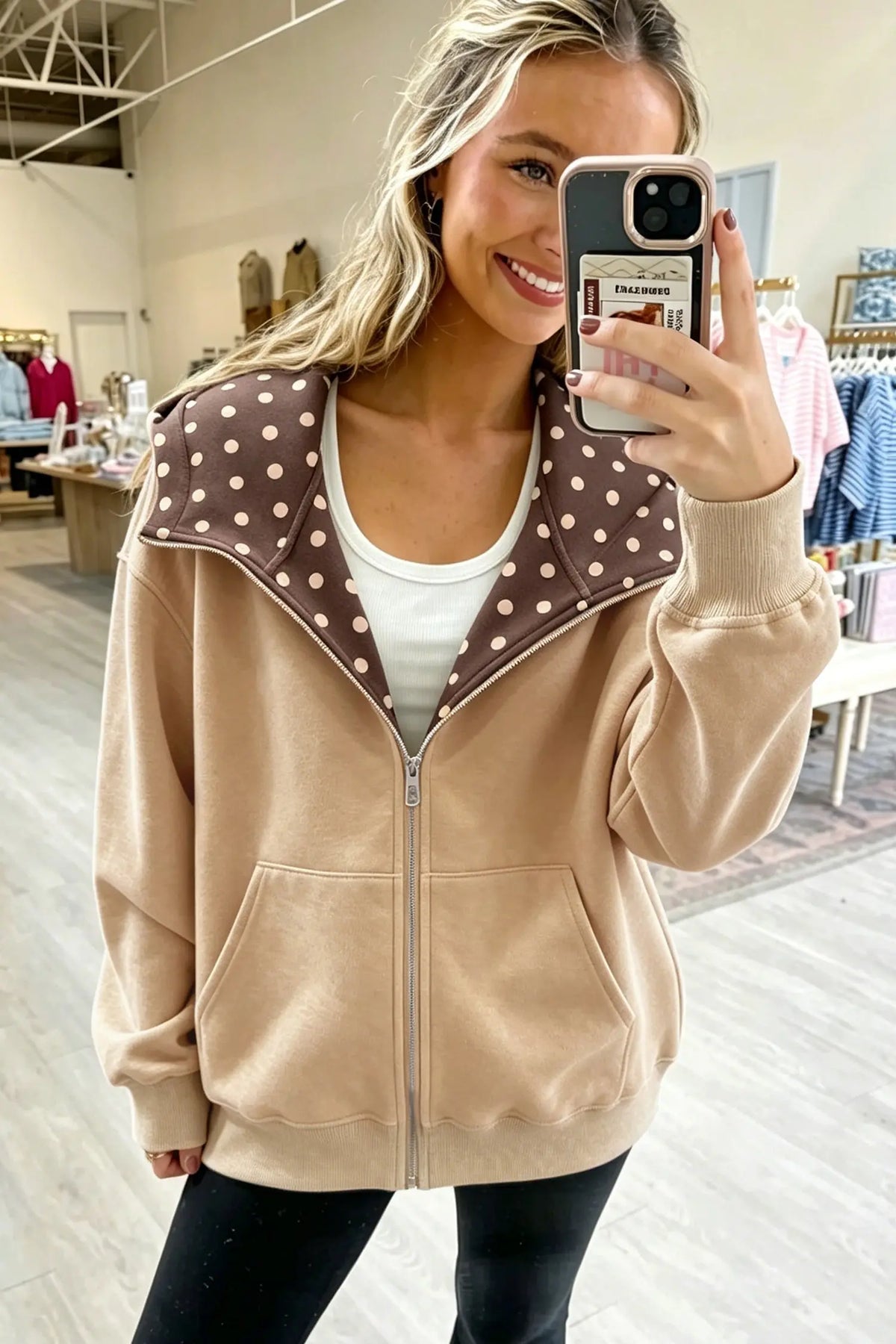 Parchment Polka Dot Hooded Zip-Up Sweatshirt